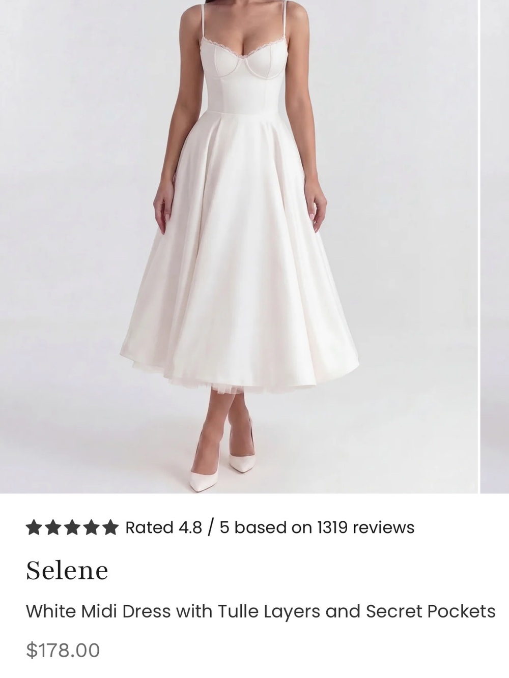 White Midi Dress with Tulle Layers and Spaghetti Straps
